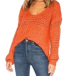 Free People Crashing Waves Wool Blend Open Knit Oversized Orange Sweater.